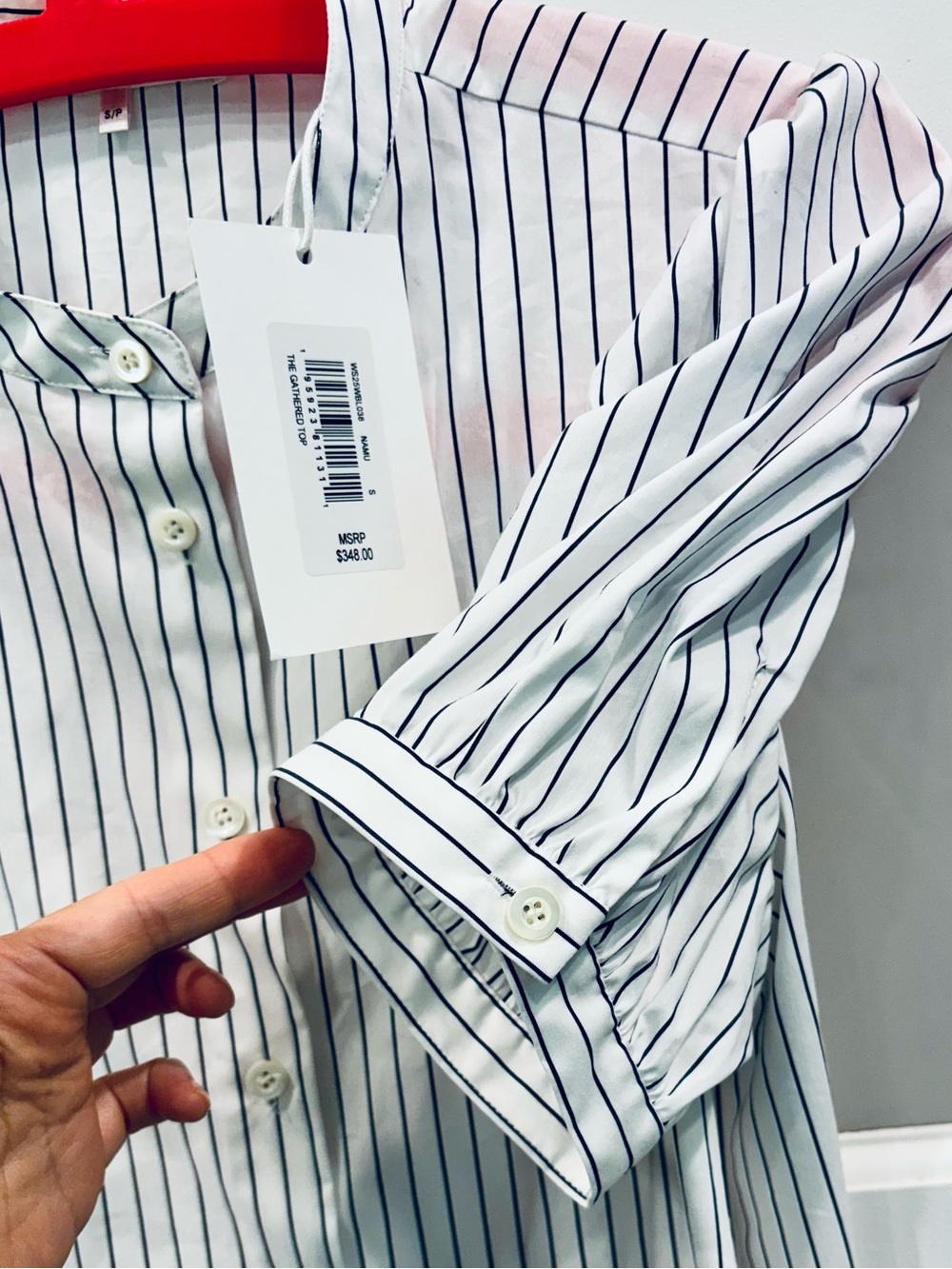 NWT Frame Striped Button-Front Puff Sleeve Blouse White with Navy Stripes cotton - Picture 6 of 16